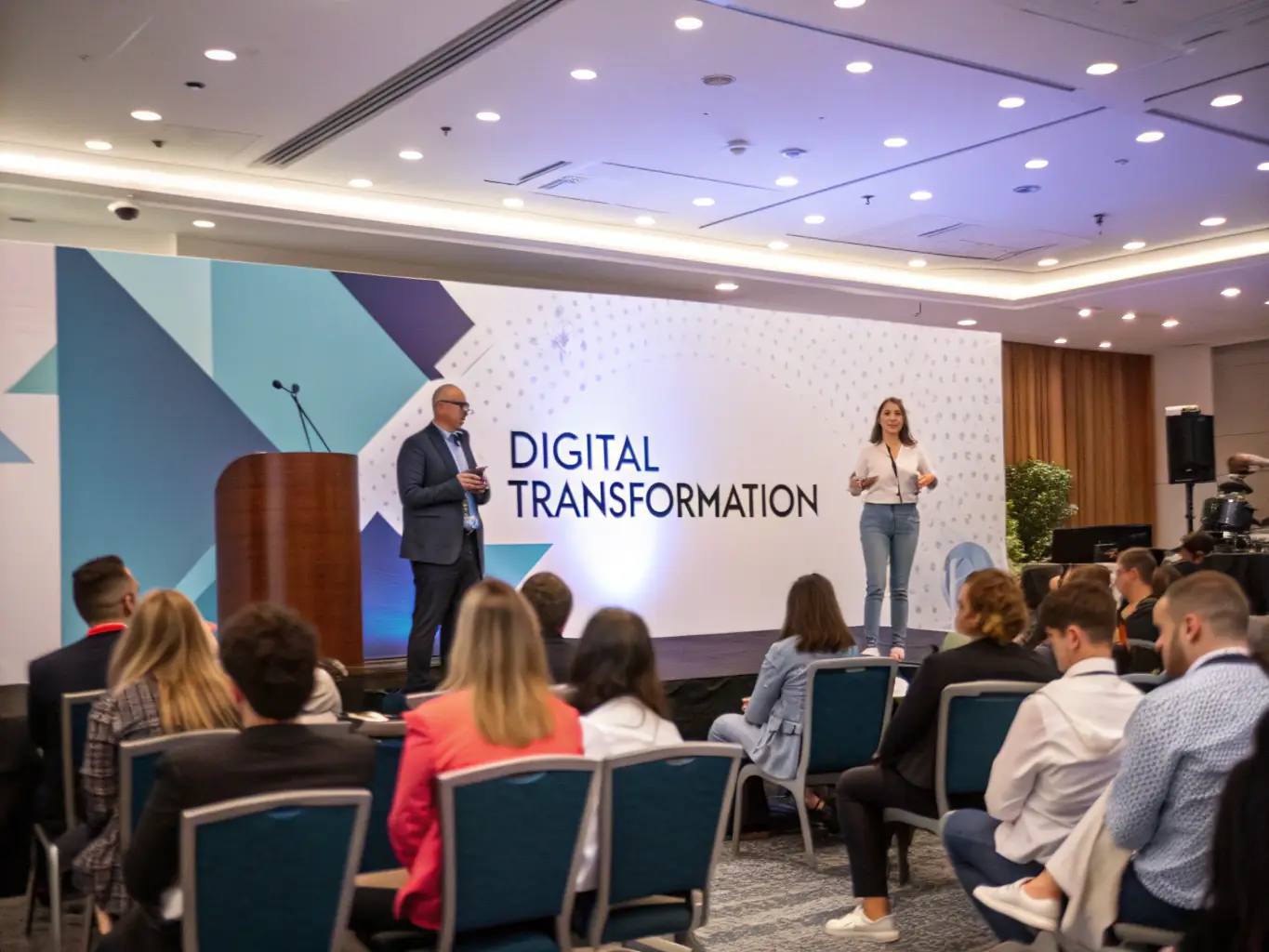 A photograph of a corporate gathering in Delhi, India, with professionals attending a keynote speech on digital transformation.