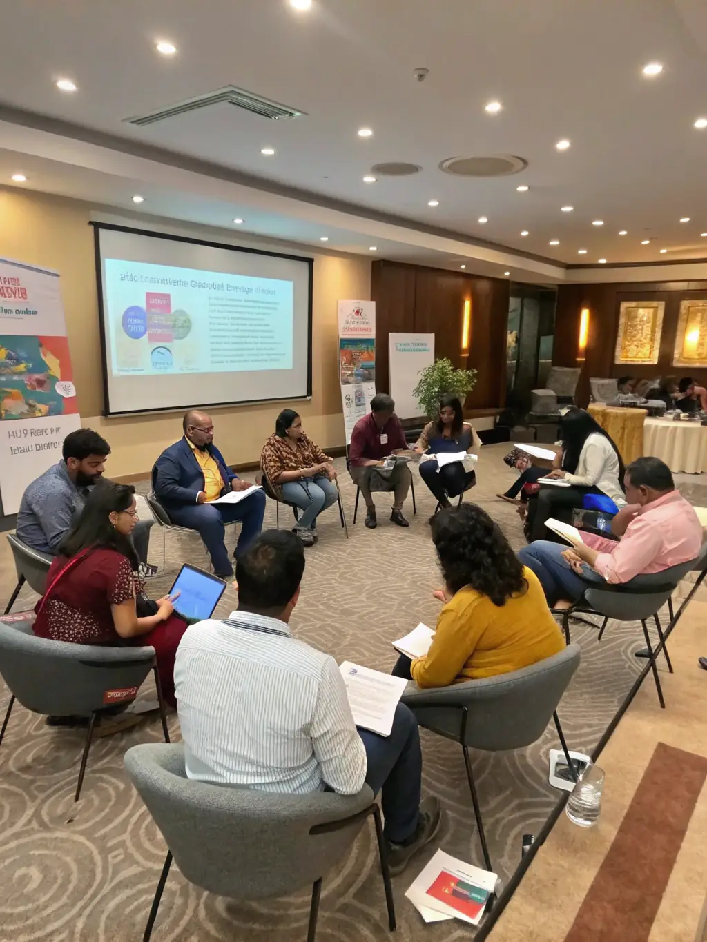 A high-angle shot of a leadership summit in Mumbai, India, with attendees actively participating in a workshop session, showcasing diverse professionals and modern conference facilities.